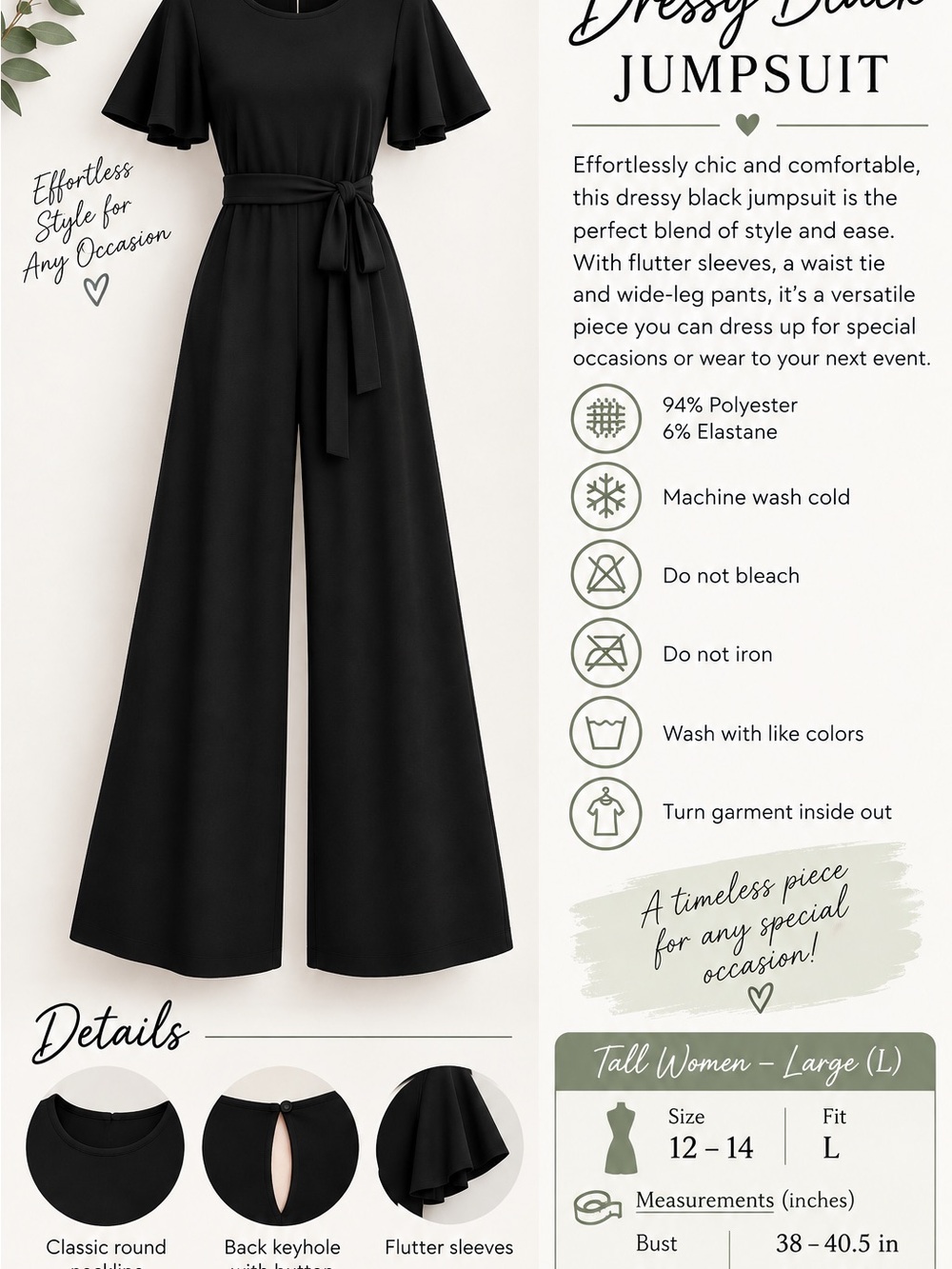 Dressy Black Jumpsuit with Flutter Sleeves and Waist Tie By Halara NWT Large